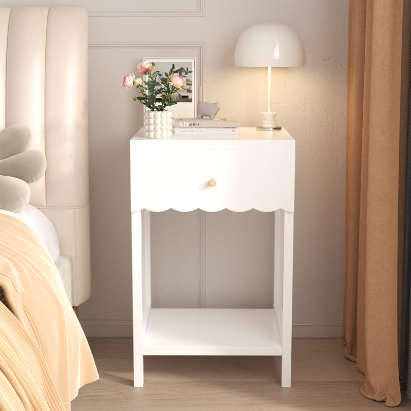 Modern Nightstand with Drawer and Open Shelf, Scalloped Edge Bedside Table for Bedroom, White