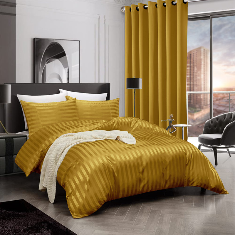 Microfiber Striped Bedding with Pillowcases, Ochre, Single Duvet Cover + 2 Standard Pillowcases