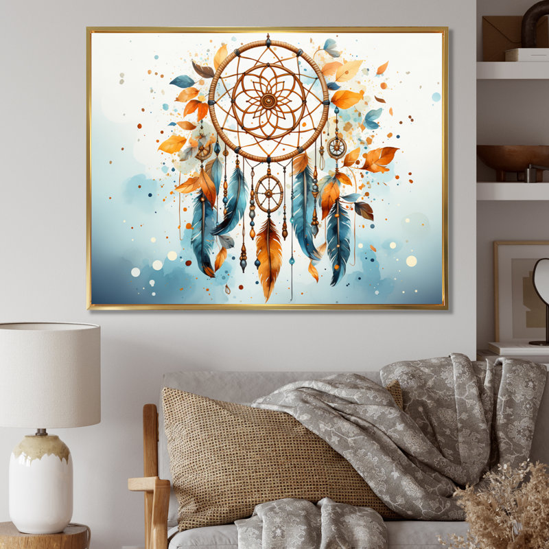 «Orange Dreamcatcher Minimalist Harmony» sur impression sur toile, Cadre flottant doré, H 24 po x l 32 po x P 1 po