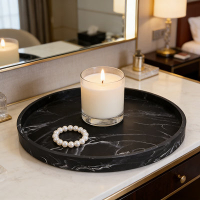 Decorative Resin Vanity Tray With Marble Texture, Round Catchall Organizer For Jewelry, Cosmetics, Candles, And Bathroom Or Bedroom Countertops