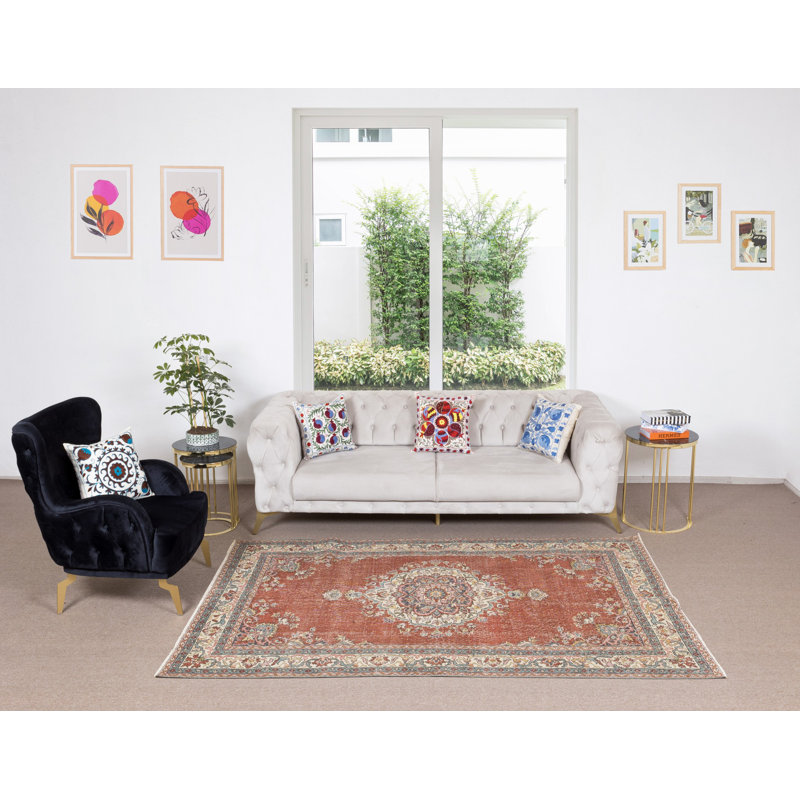 Tapis traditionnel traditionnel en laine noué à la main avec motif médaillon Anatolian
