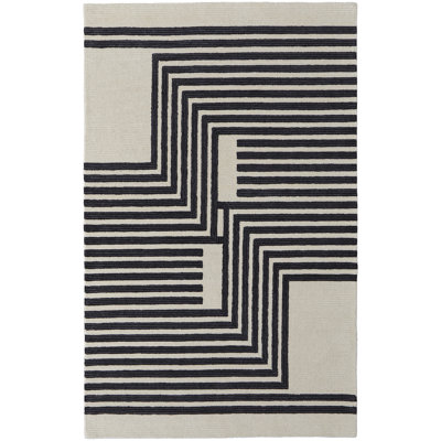 Tapis Mid-Century moderne ivoire / noir Raku Architectural 12 pi x 15 pi