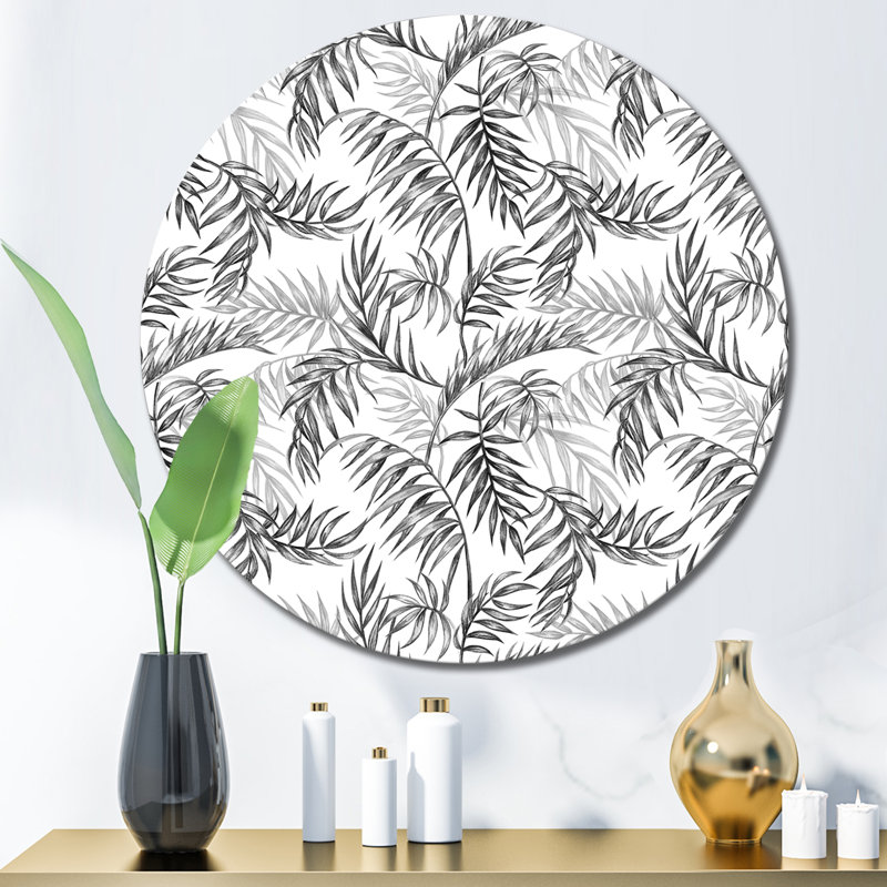 Feuilles de palmier noir et blanc sur fond blanc, H 23 po x l 23 po