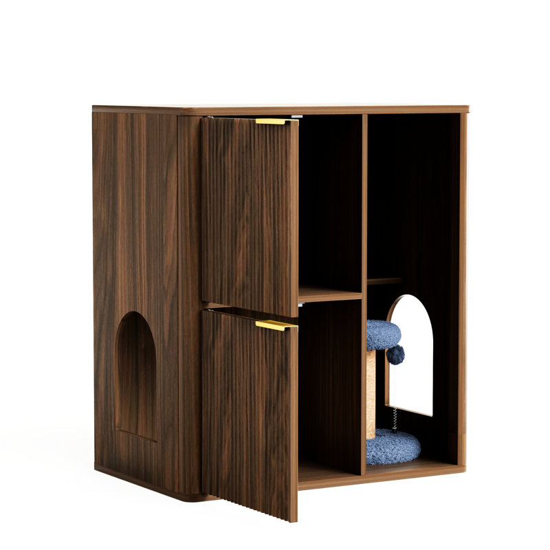 Litière pour chat en noyer de 31,5 pouces avec arbre et portes à double entrée. Il cache une boîte tout en offrant un espace confortable pour les chats, il a un poteau à griffer enveloppé de corde de chanvre et une tablette intérieure spacieuse. Fait de