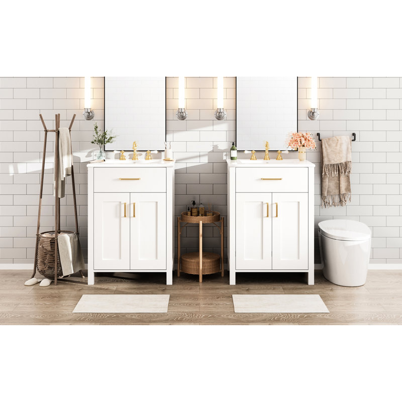 Meuble-lavabo autoportant Fiorella de 48 pouces avec deux lavabos en céramique, charnières à fermeture en douceur et tablette réglable pour des solutions de rangement intelligentes. Double construction en bois massif, panneaux, portes durables