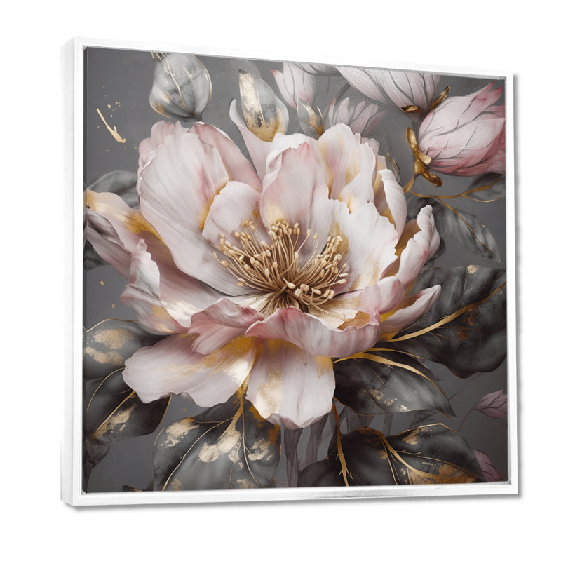 Rose et gris pivoines en fleurs III - pivoines, art mural, H 36 po x l 36 po, Cadre flottant blanc