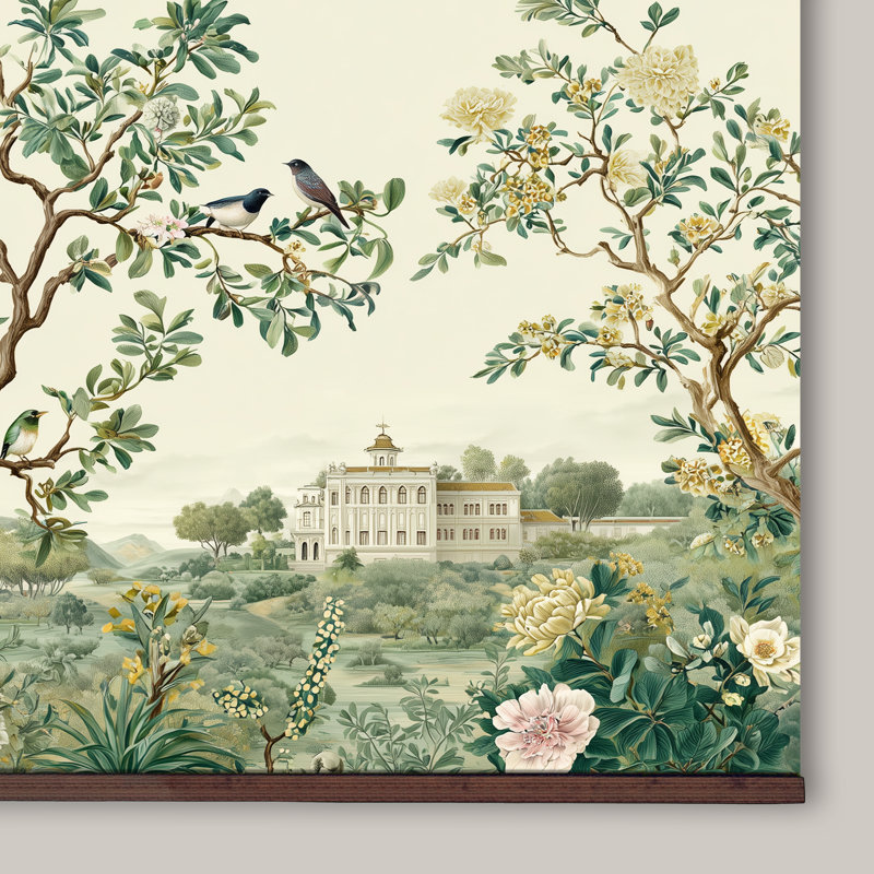 Tapisserie «Chinoiserie» avec des crochets en bois - très grand décor de paysage botanique élégant, H 45 po x l 73 po