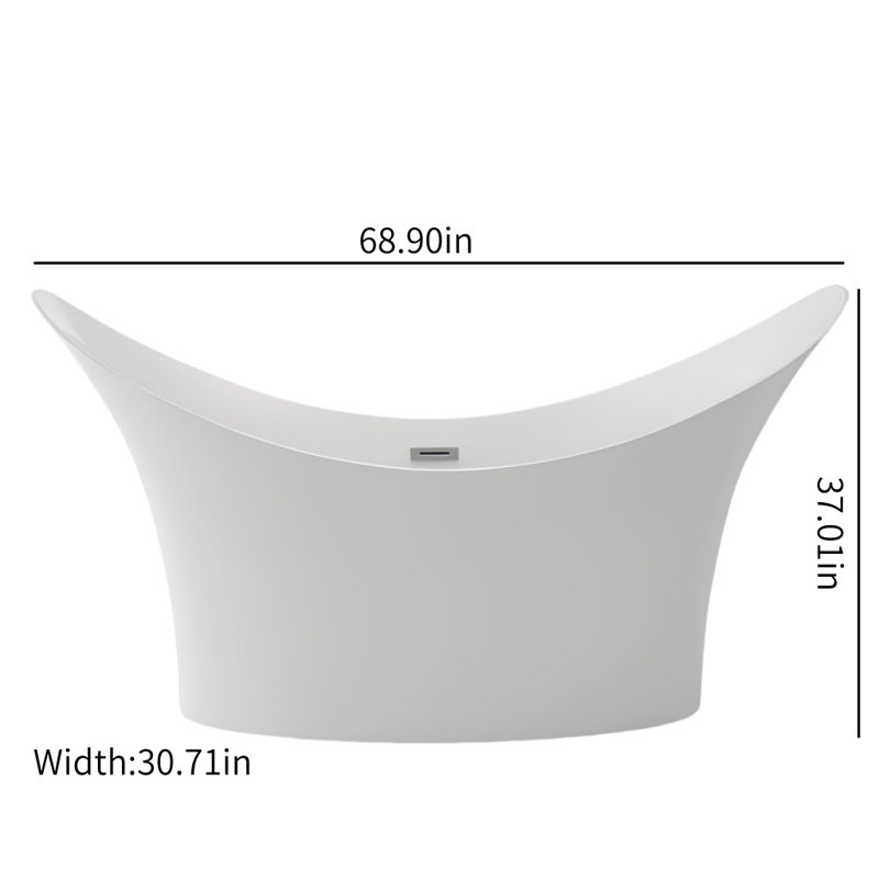 Modern Simple White Bathtub 68.90'' W 37.01'' H Frameless Offset Curved Tub & Shower Kit