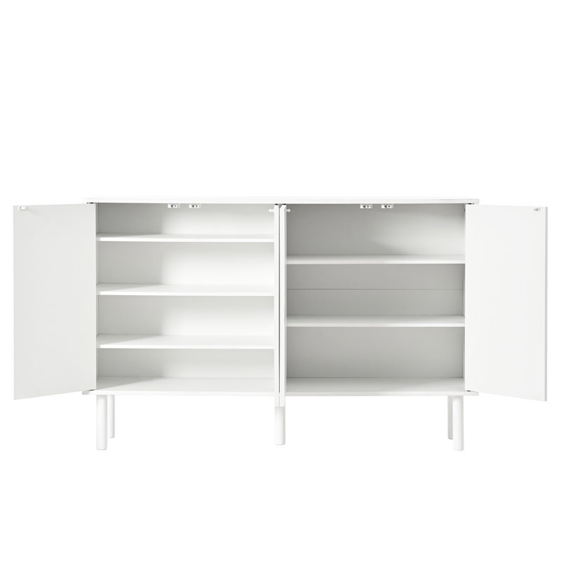 Armoire chic 55,1 * 13,7 * 35,4 pouces avec pieds en bois massif et portes cannelées, blanc, 5 tablettes réglables pour le salon, le couloir, le vestibule, le placard, les pieds de cuisine minimalistes,
