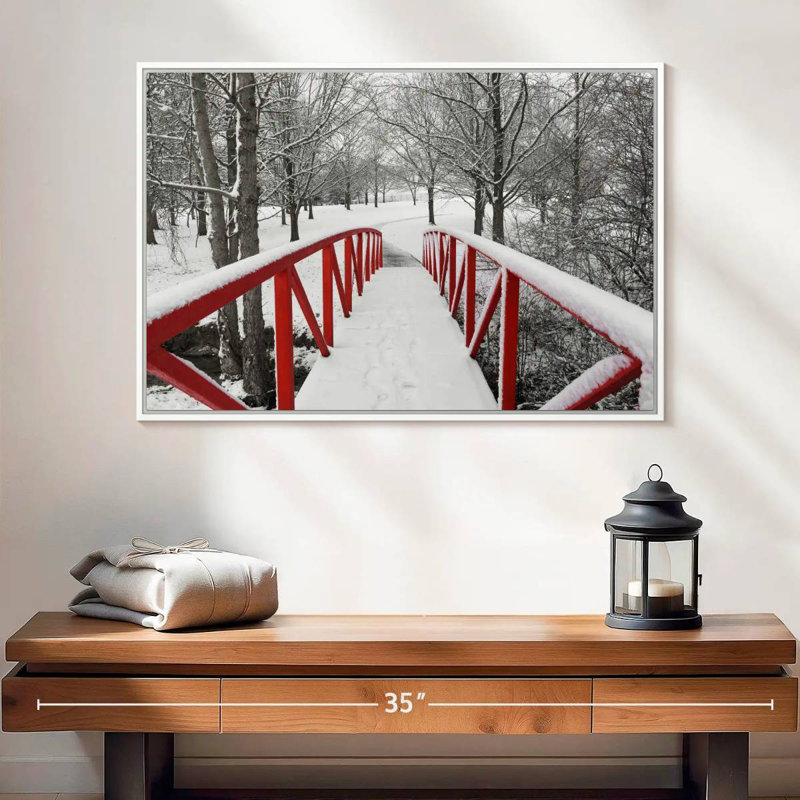 Passerelle rouge enneigée, 25 po x 17 po, Cadre flottant blanc