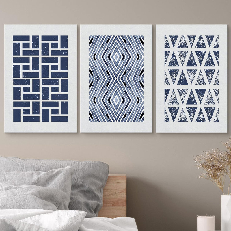 Carré bleu géométrique et formes abstraites à motifs abstraits, art bohémien bleu marine, 3 pièces, H 24 po x l 48 po