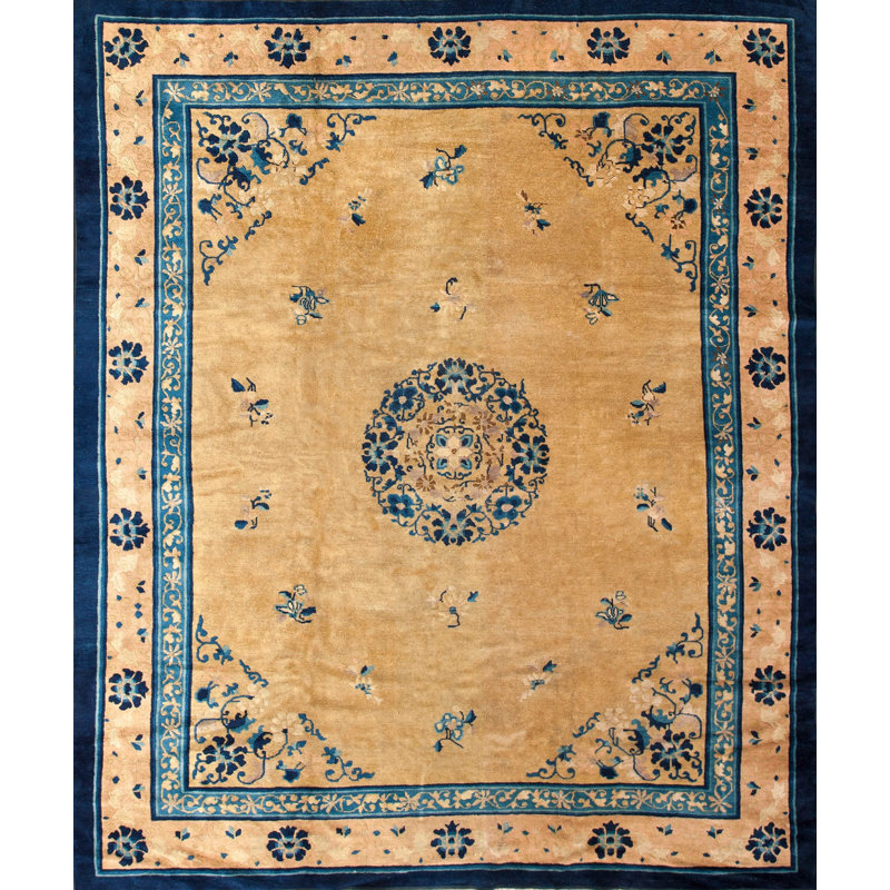 Antique Peking Chinese Medallion Yellow 1930s Rug