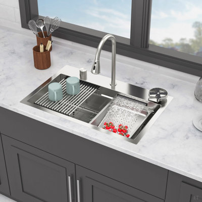 31.5" Drop in Waterfall Kitchen Sink - 31.5 x 21 x 9.4 inch Single Bowl 16 Gauge Stainless Steel Ledge Workstation Kitchen Sinks with Pull-Down Faucet & Cup Washer