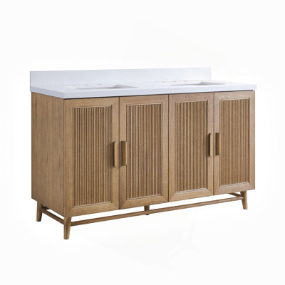 Meuble-lavabo de salle de bain autoportant de 152 cm (60 po) avec lavabo simple, entièrement assemblé, en bois massif et comptoir en bois d'ingénierie