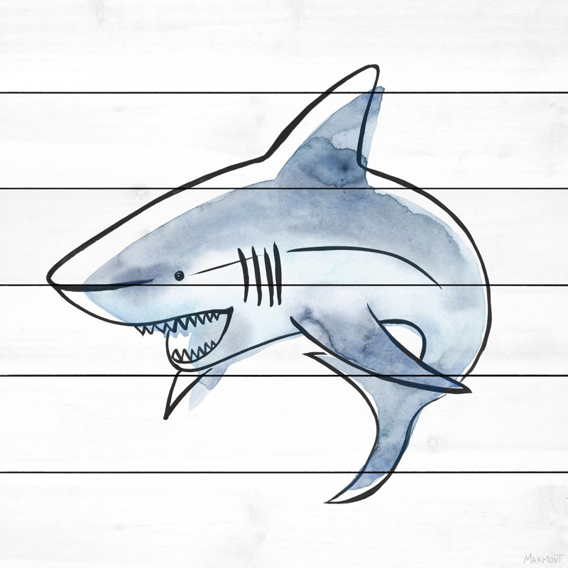Blue Great White Shark Print on White Wood 12x12