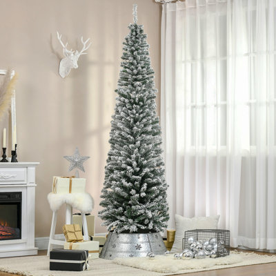 HOMCOM 7.5' Tall Unlit Snow-Flocked Slim Artificial Christmas Tree With Realistic Branches And 738 Tips