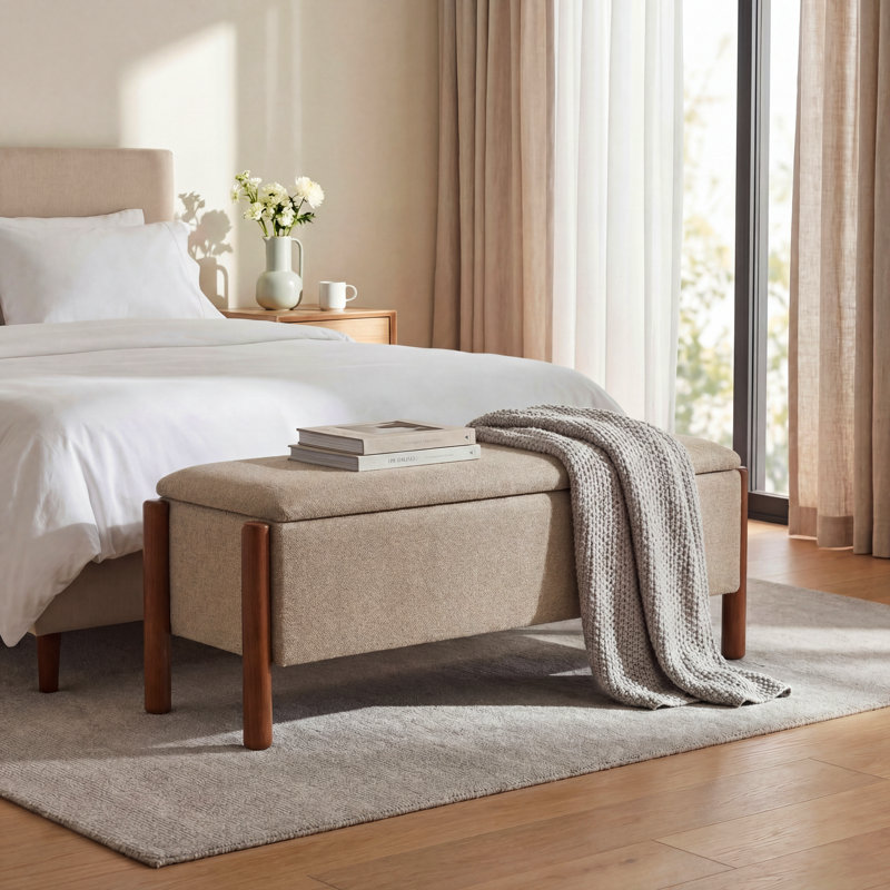 47'' Modern Upholstered Storage Bench With Walnut Wood Legs, Beige