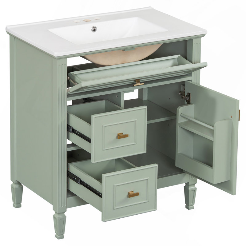 Meuble-lavabo 30 po avec lavabo, meuble-lavabo avec un tiroir rabattable et deux tiroirs, tablette réglable, bois massif et panneau de fibres à densité moyenne, vert