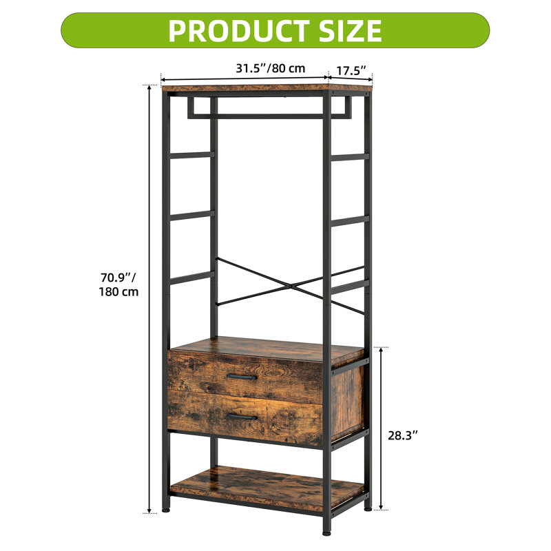 Hallway Coat and Shoe Storage, Industrial Hall Tree With 2-Drawer