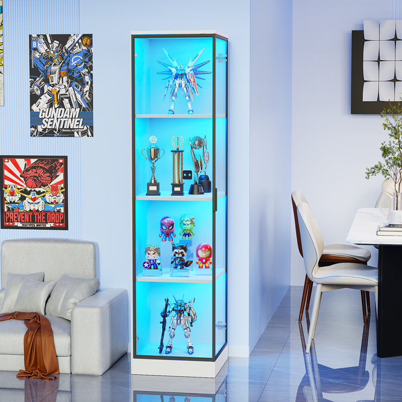 4-Tier Corner Display Cabinet with LED Lights & Magnetic Lock, White