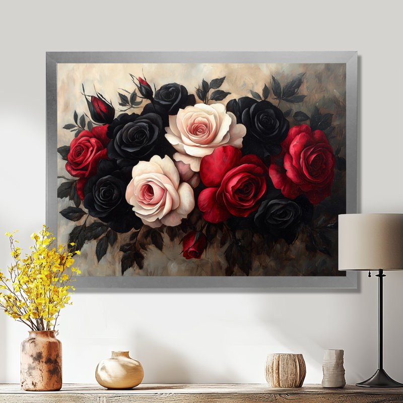 «Morlee Midnight Pink Red Roses Bouquet - Roses, art mural», Argent argent, H 30 po x l 40 po, Avec cadre
