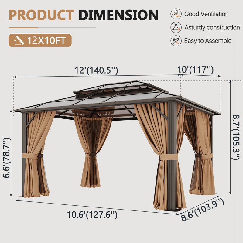 12 Ft. W x 10 Ft. D Outdoor Patio Gazebo with Hardtop Double Roof, 12 ft. x 10 ft.