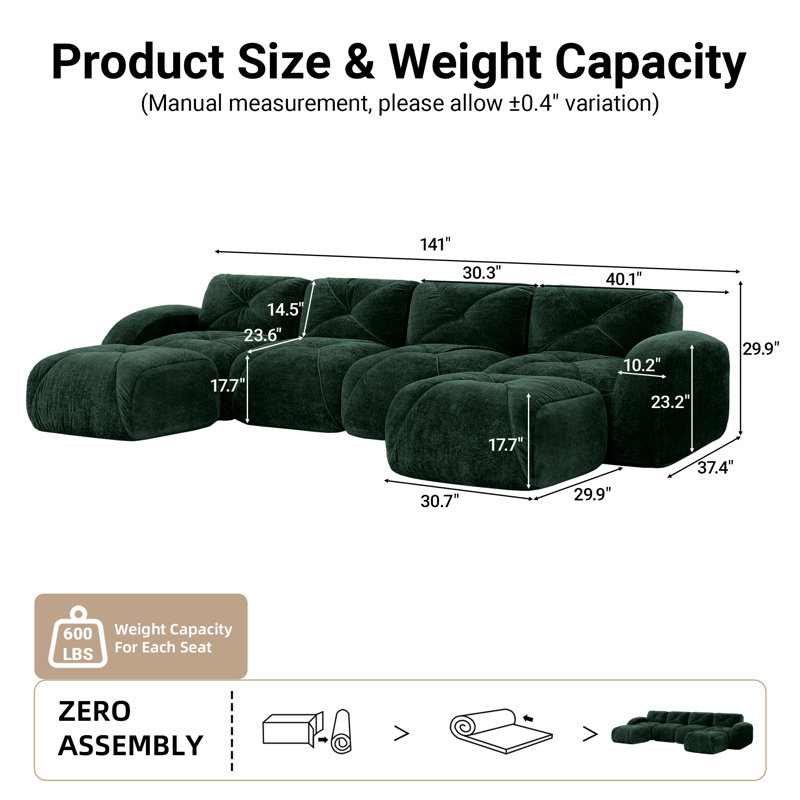Boneless 6 Piece 141" Modular Sectional Sofa Oversized Compression Velvet Deep Seat Comfy Couch With Movable Ottomans, No Assembly Required