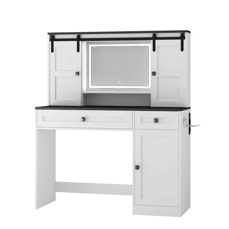 Table de maquillage Farmhouse, coiffeuse de 43 po de largeur avec miroir éclairé et tiroir de maquillage, grande coiffeuse moderne avec porte-séchoir pour chambre à coucher