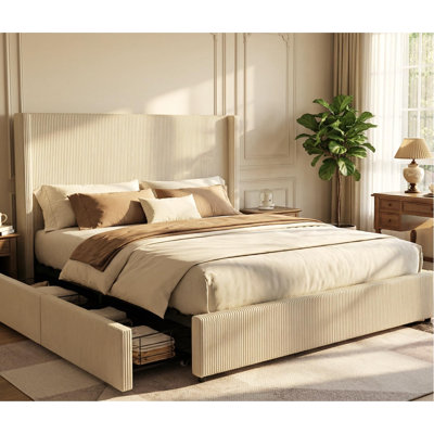 Queen Size Bed Frame with 4 Storage Drawers, Corduroy Upholstered Platform Bed with Wingback, Tufted Headboard & Footboard, No Box Spring Needed, Easy Assembly