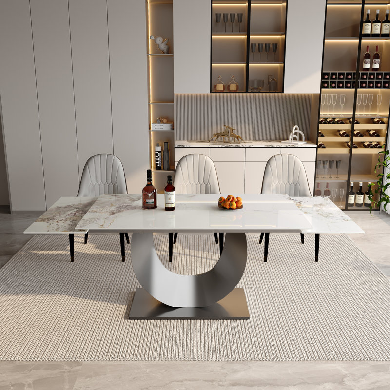 63'' To 94.5” Extendable Sintered Stone Dining Table For 8-10 With Stainless Steel Base, Channel