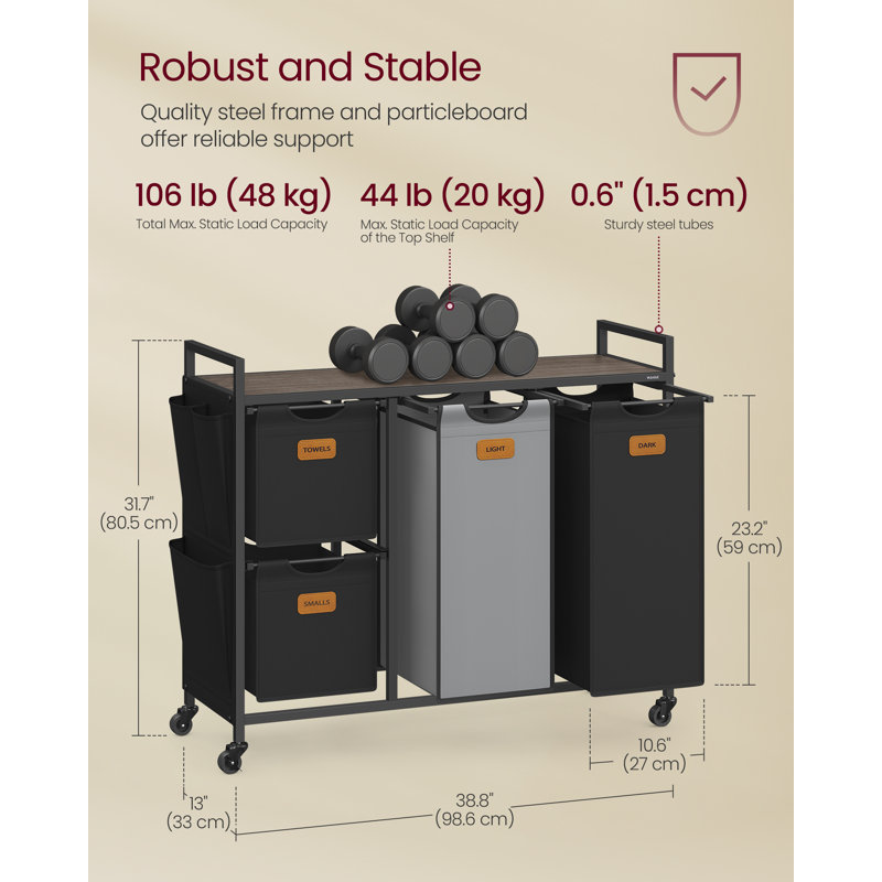 Metal Rolling Laundry Basket with Handles, Chestnut Brown/Ink Black/Dove Grey