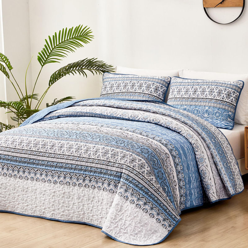 Ensemble de 3 courtepointe Boho Bohemian, Courtepointe pour lit grand + deux taies décorati, Bleu clair