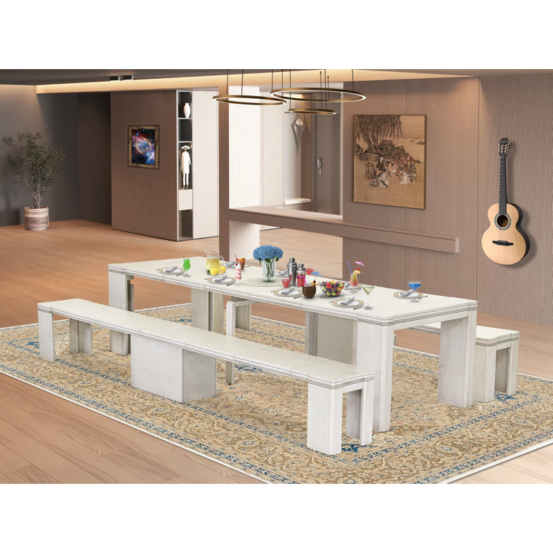 A68AB828550D4B65824ada30678C51D2 - Ensemble de salle à manger extensible 3 pièces comprenant 1 table extensible et 2 bancs modernes, blanc antique.