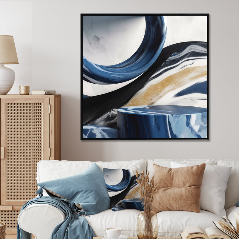Marbre bleu crème et audacieux - art mural abstrait en marbre, Impression noire sur toile encadrée