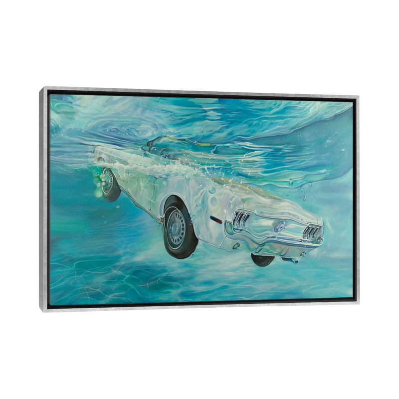 Reproduction d’art Mustang blanche par Marcello Petisci, Pas de tapis, H 26 po x l 40 po x 1,5 po, Toile avec cadre argenté