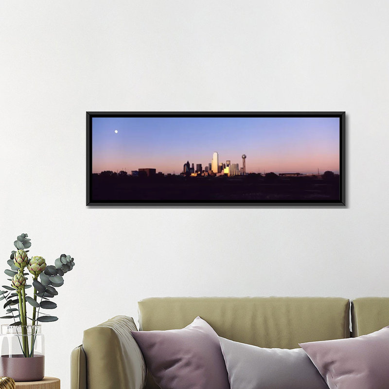 «Panoramic Sunset Skyline Dallas TX USA» par Panoramic Images, reproduction d'art sur toile tendue sur châssis, Cadre noir