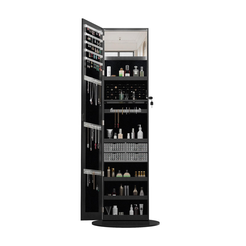 Armoire à bijoux pivotante à 360 ° avec miroir pleine longueur, organisateur d'armoire à bijoux sur pied pivotant à 360 °, armoire de rangement verrouillable, miroir intérieur éclairé, noir