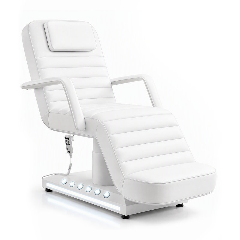 Table de massage électrique professionnelle à 3 moteurs avec hauteur réglable, dossier et repose-pieds, base pivotante, commande au pied et lumière DEL