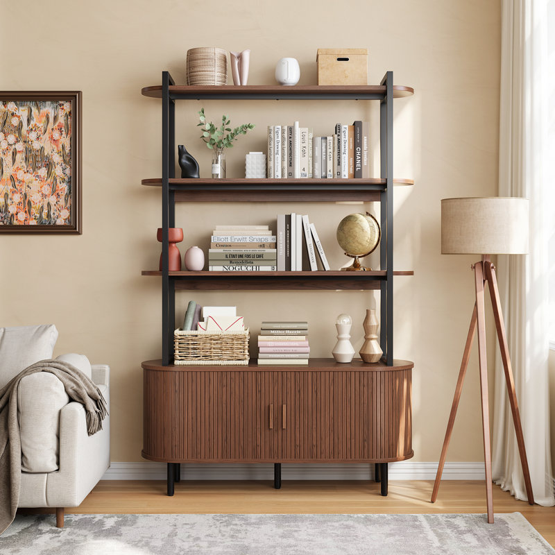 71''H Bookcase With Curved Storage Cabinet, 4-Tier Bookshelf With Tambour Sliding Door & Adjustable Leg, Walnut