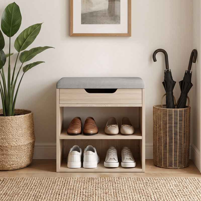 Banc de rangement pour chaussures 13,2 "avec coussin, étagère à chaussures réglable à 2 niveaux pour vestibule, Bois naturel