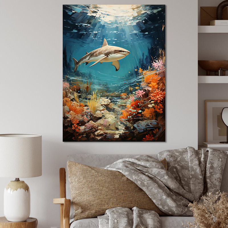 Teal Shark Coastal Creatures, reproduction d'art sur toile, H 20 po x l 12 po x P 1 po, Toile tendue