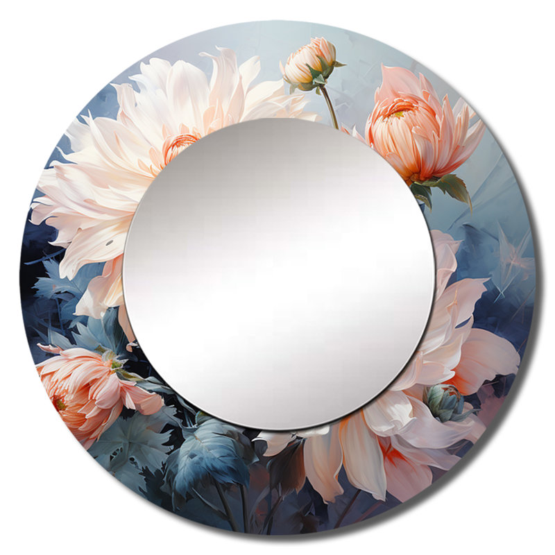 «Sasho Peach Chrysanthemums Romantic Impression I», grand miroir mural rond traditionnel, impression sur métal, 29 po x 29 po