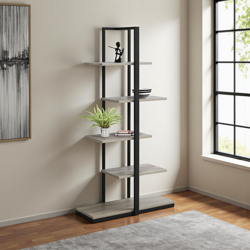 Bibliothèque Manica avec 5 tablettes Zig-Zag au fini noir / gris, H 59,8 po x l 31,71 po x P 12,84 po