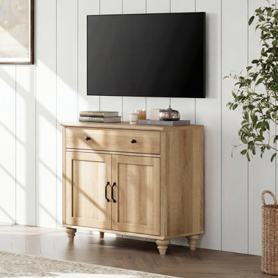 Scarlett Farmhouse TV Stand For 43 Inch TV With Doors And Drawer, Wood Universal TV Stand With Storage Cabinets, Entertainment Center TV Console Table For Living Room, Bedroom, Oak