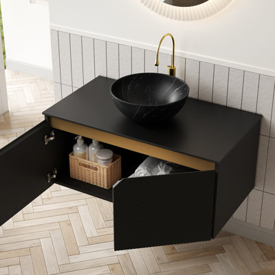 Meuble-lavabo flottant noir de 36 po, rangement en contreplaqué avec portes doubles en sergé et garniture en métal, vasque en céramique à motif de pierre, comptoir fritté, meuble-lavabo et lavabo à fermeture en douceur, rangement, mécanisme