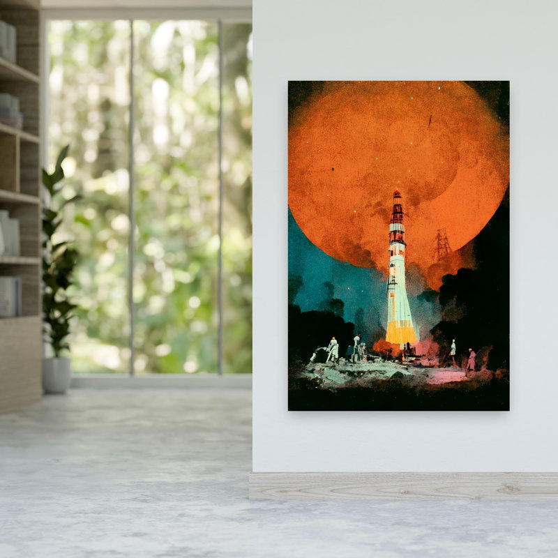 Impression d'art mural abstrait rétro vintage représentant un paysage lunaire inspiré du lancement lunaire, H 60 po x l 40 po