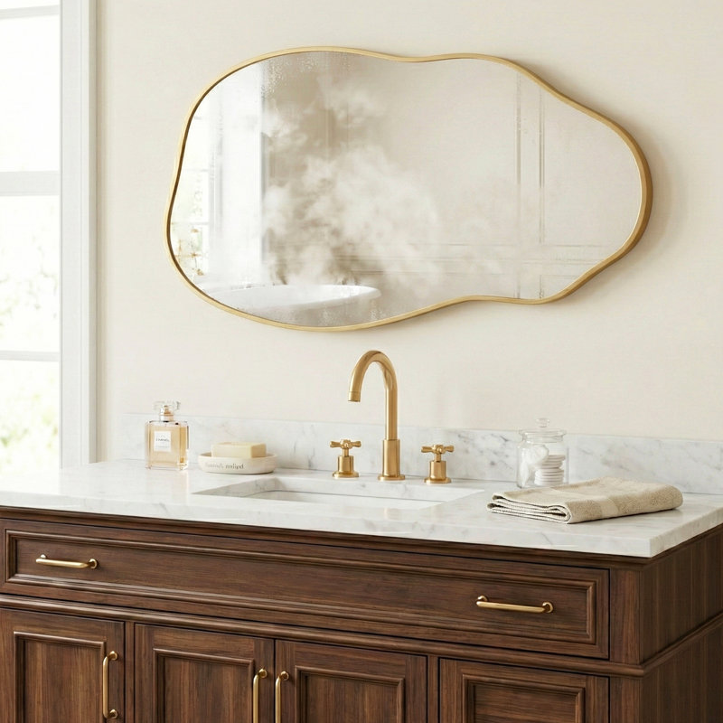 Modern Asymmetrical Wavy Framed Wall Mirror for Bathroom Vanity, 36" x 20", Champagne Gold