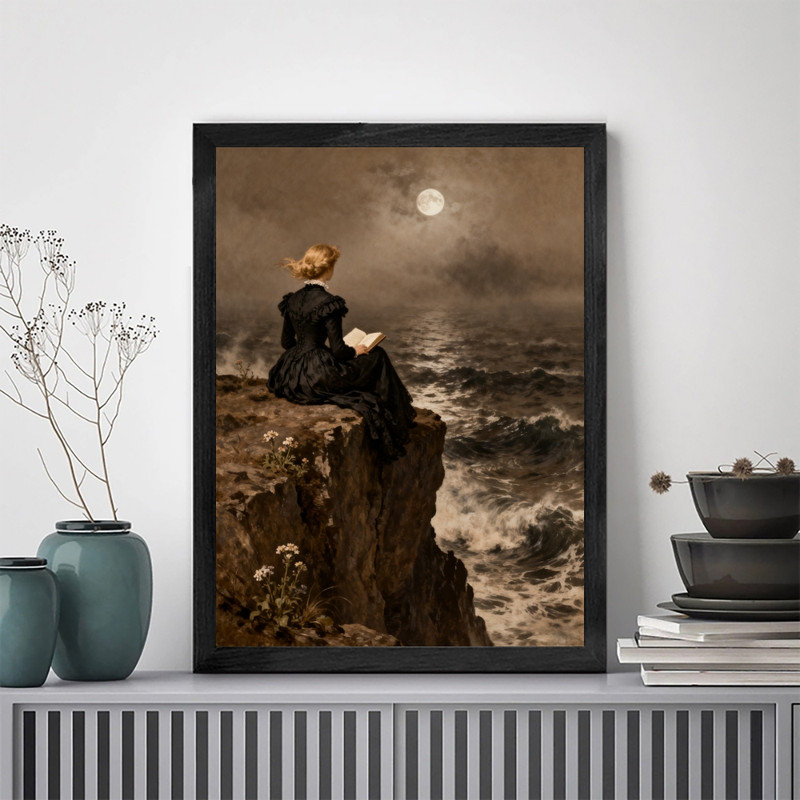 «Black Sea» rétro encadrée par une femme de mer au bord de la lune, lecture d'art mural, réalisme romantique, impressions de style classique