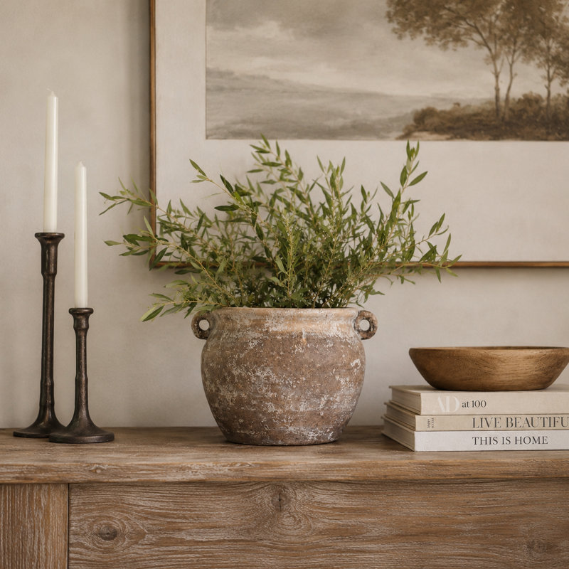 Pot à fleurs rustique rond en céramique avec poignées pour l'extérieur - Pots de fleurs décoratifs d'intérieur, Brun
