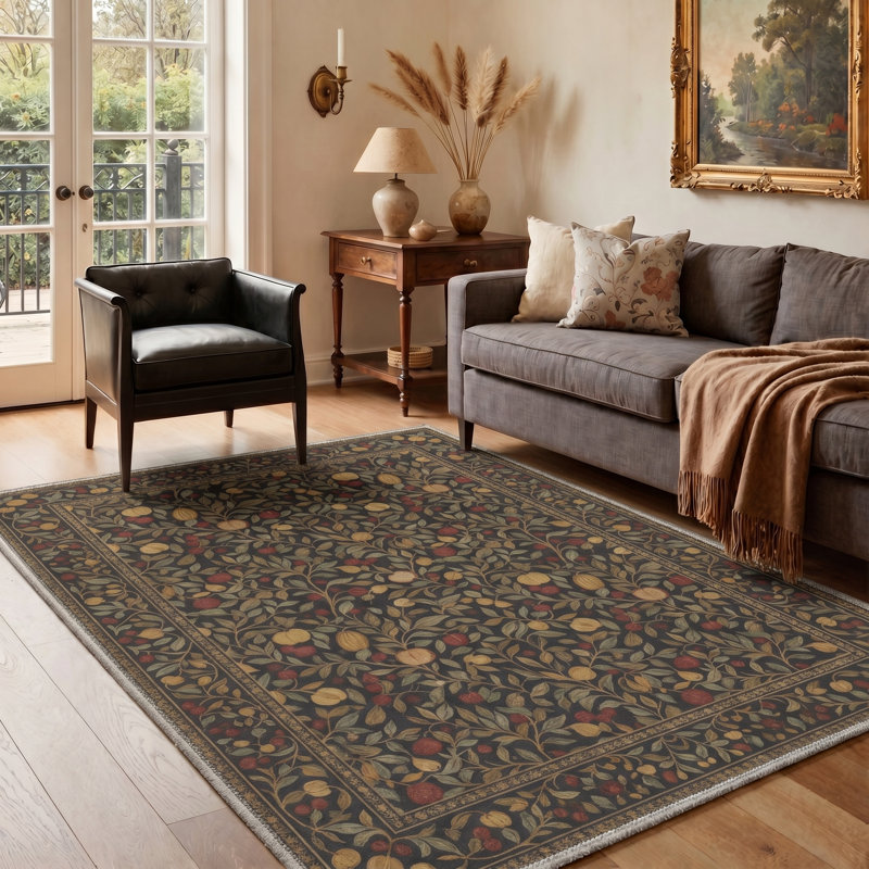 Vineyard Vintage Machine Washable Green / Yellow / Red Indoor Area Rug with Non-Slip Backing, Rectangle 5' x 7'